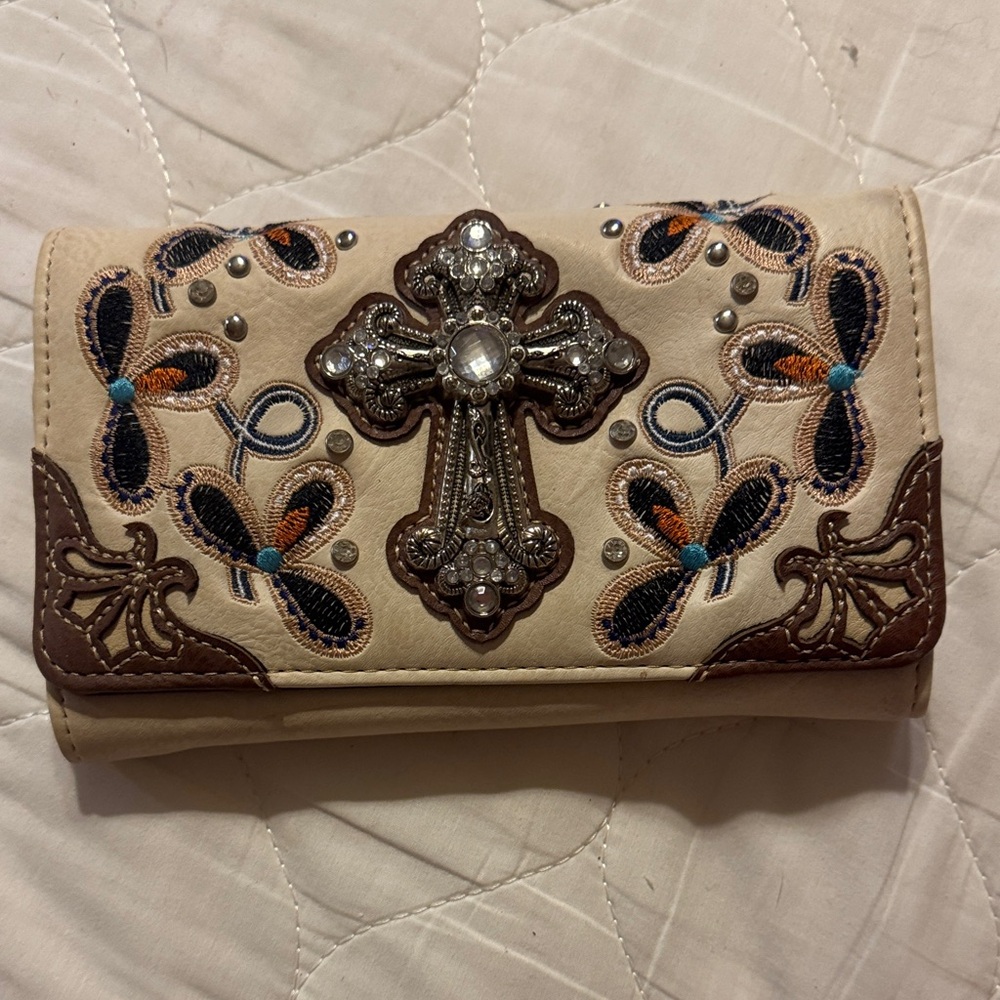 Embellished Cross Wallet Clutch in Cream with Navy & Brown Accents